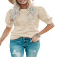 thumbnail image 1 of QJUHUNG Women Short Puff Sleeve Sweaters Loose Lightweight Pointelle Knit Pullover Tops, 1 of 5