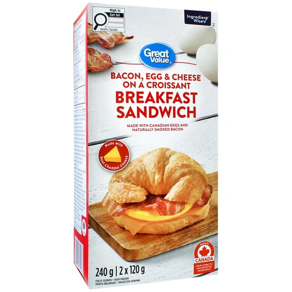Sandwich-déjeuner Bacon, œuf et fromage sur un croissant Great Value 240 g (2 x 120 g)