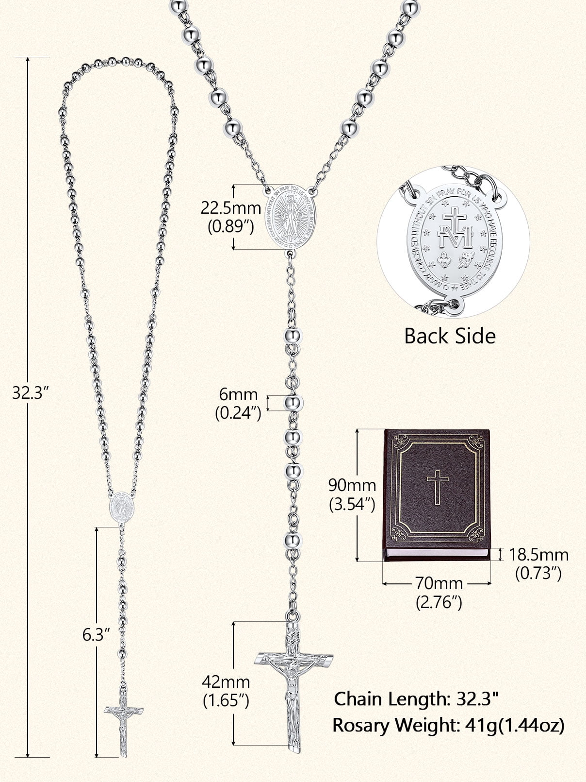 FaithHeart Virgin Mary Rosary Necklace for Women Silver Stainless Steel Holy Blessed Bead Catholic Christian Church Jesus Crucifix Cross Necklace with Pray Card Easter Jewelry Gift for Mother