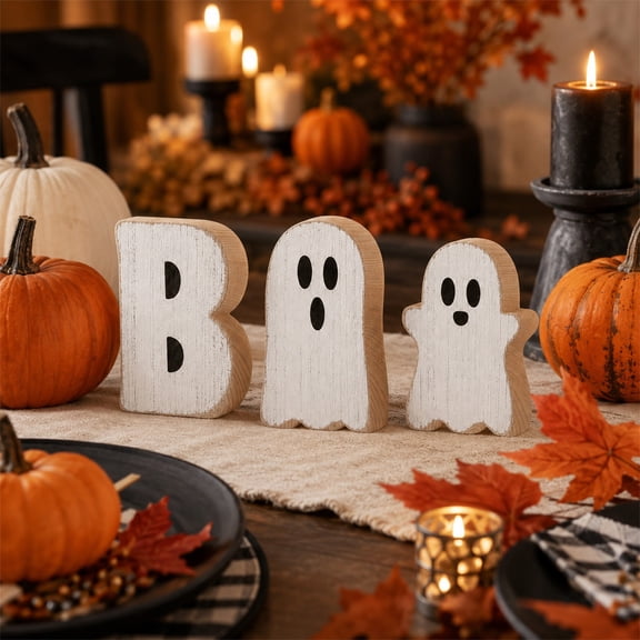 3pcs Halloween Ghost Figurine Wood Tray Decor, Spooky Cute Ghost Shelf Tabletop Decoration for Home Office Kitchen, Tiered Tray Centerpiece, Rustic Farmhouse Fall Halloween Ornament Set, White