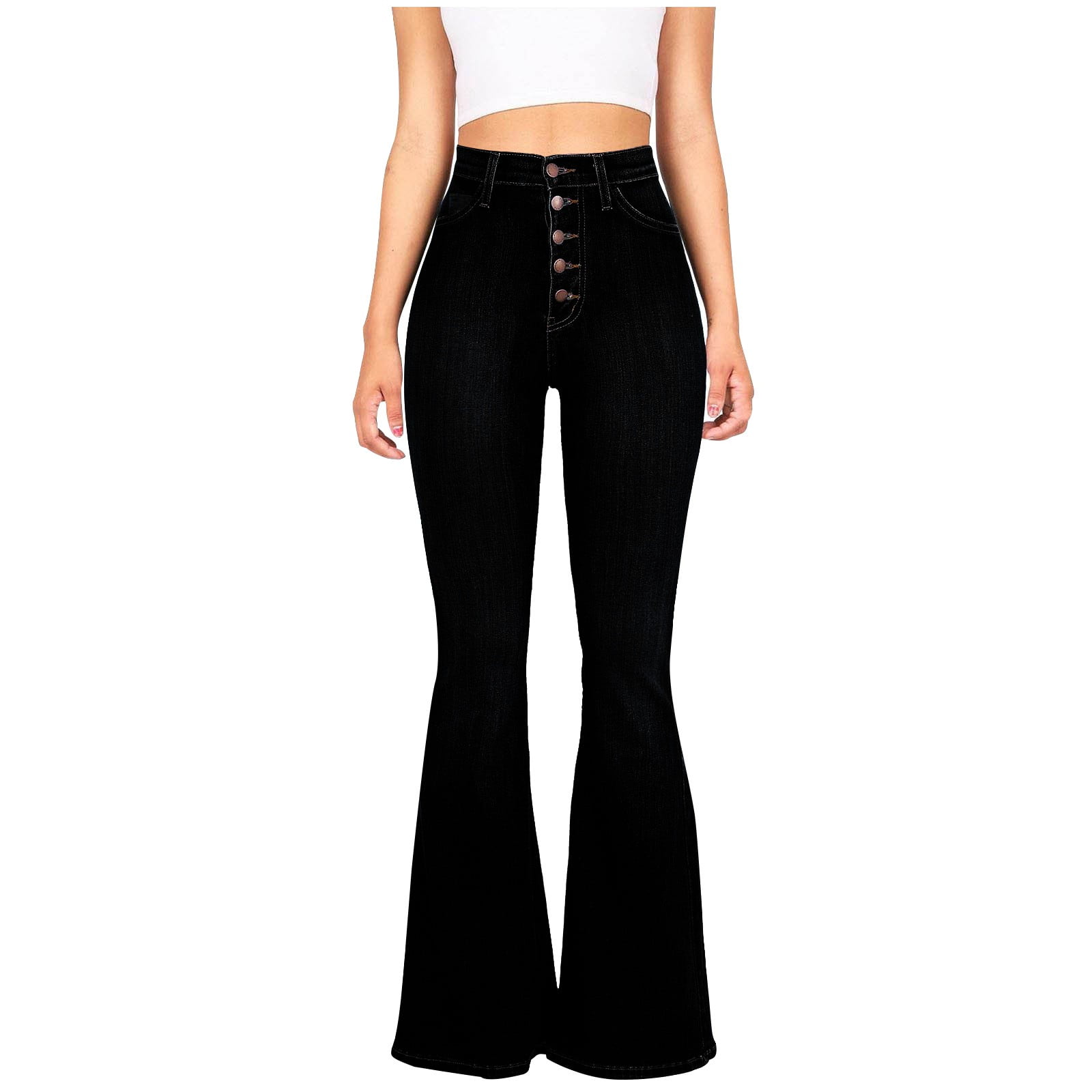 Besolor Women s Flare Bell Bottom Jeans 5 Button Up High Waisted Wide Leg Bootcut Jeans Stretchy Classic Denim Pants