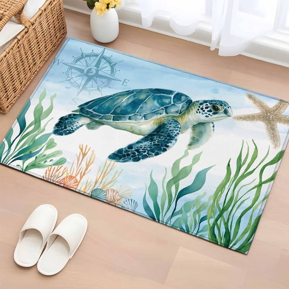 2x3 Ft Entryway Area Rug, Sea Turtle Coastal Kitchen Rug Runner Washable Floor Mat, Summer Beach Nautical Starfish Compass Non Slip Indoor Door Mat Throw Carpet for Bathroom Living Room Bedroom