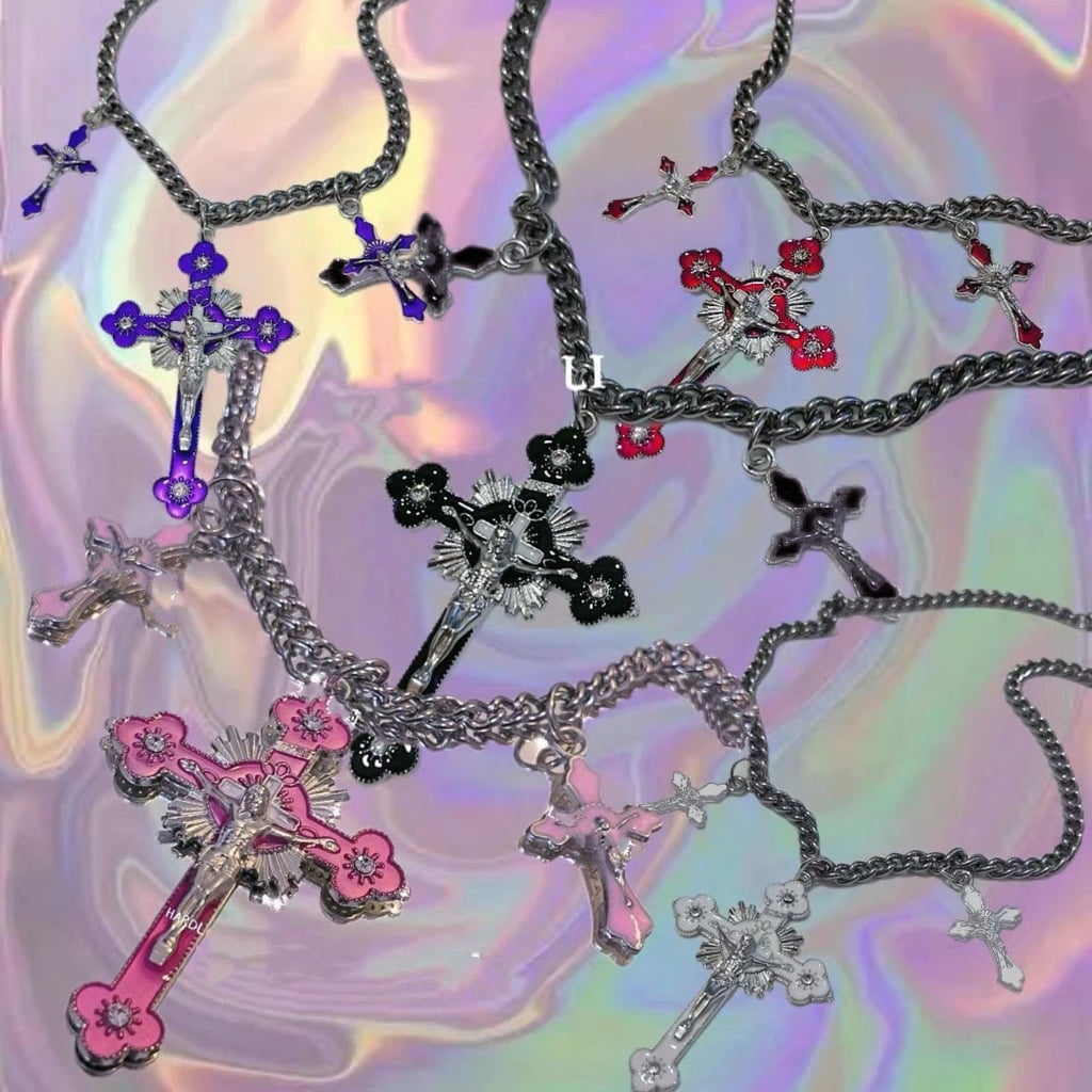 Pink Cross Pendant Necklace Cool Y2K Goth Jewelry Rainbow-Cross