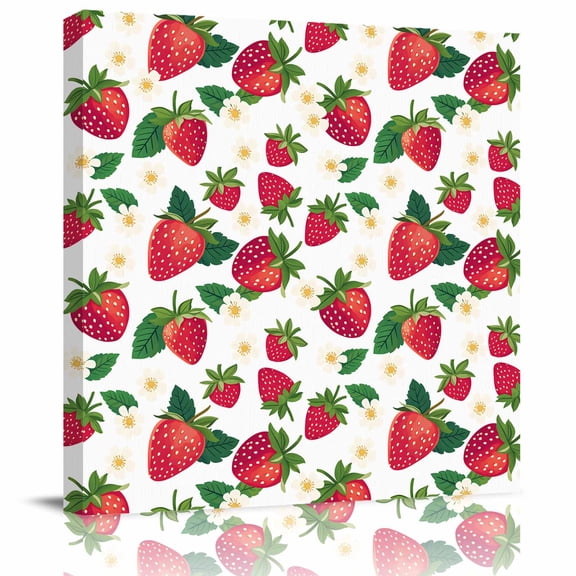Framed Canvas Wall Art for Living Room Strawberry Wall Decor, Cute Floral Fruit Aesthetic Paintings for Bedroom Office Kitchen Bathroom, Ready to Hang Artwork Wall Pictures 8x8 Inch