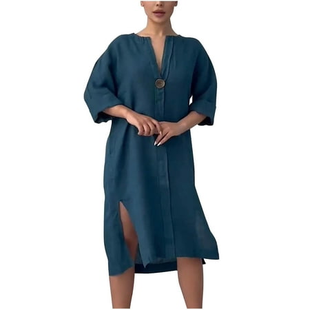 SAFUNY Women s V Neck Short Sleeve Button Front Shirt Dress Pullover Pocketed Breathable Office Casual Dress Navy L