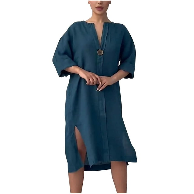 Daiosportswear Robe-Chemise en Coton et Lin pour Femmes, Boutonnée, Col en V, Maxi Blouse, Robe Décontractée Ample à Manches Longues, Abaya avec Poches, Robe à Manches Courtes pour Femmes Bleu Marine m(m)