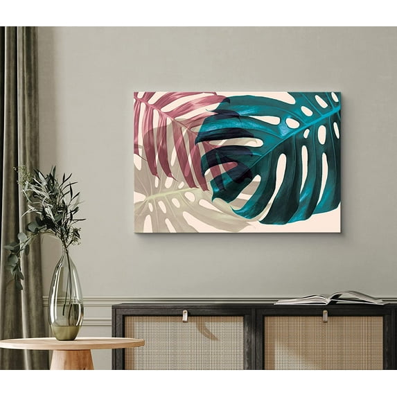 PixonSign Canvas Print Wall Art Red & Green Transparent Monstera Collage Floral Wilderness Drawings Modern Art Tropical Closeup Colorful Multicolor Cool for Living Room, Bedroom, Office - 12"x18"