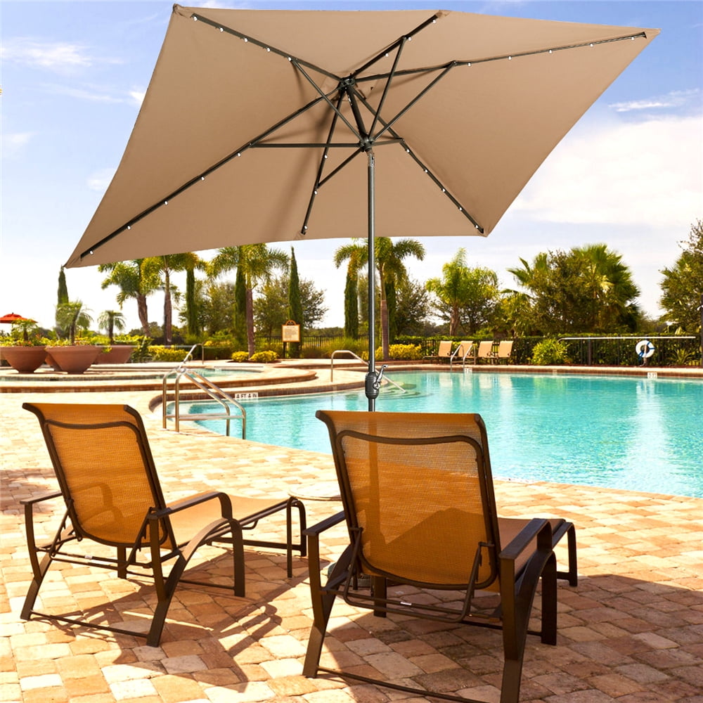 Solar Led Outdoor Umbrella 10x6 5 Feet Rectangular Patio Umbrella With Push Button Tilt And Crank Lift Ventilation 6 Sturdy Ribs Non Fading Sunshade Red Walmart Com Walmart Com