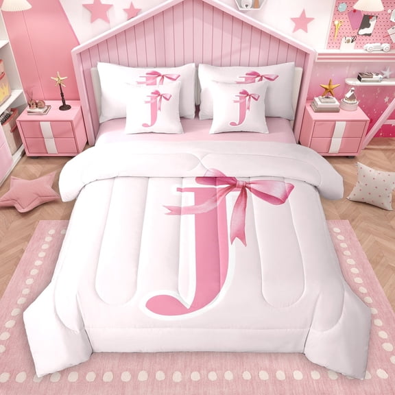 Manfei Bow Initial Letter J 7 Pieces Bedding Comforter Set,Kawaii Bowtie Ribbon Full Bedding Set,Girls Pink Bowknot Fitted Sheet Flat Sheet For Princess,Breathable Bedroom Decoration Reversible