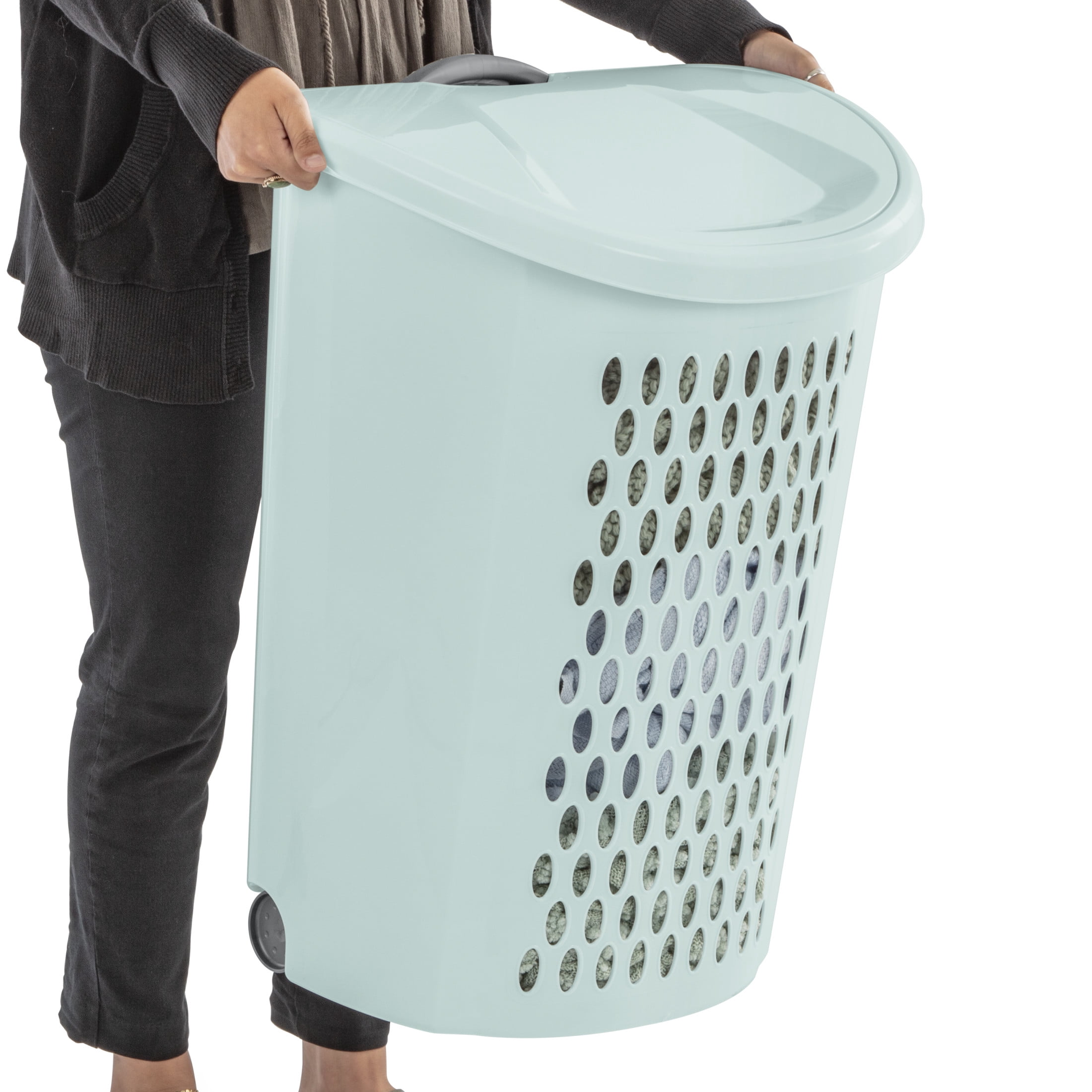 Sterilite Ultra™ Large Wheeled Hamper, Plastic Laundry Hamper with Wheels for Easy Transport, Mint, 3 Pack