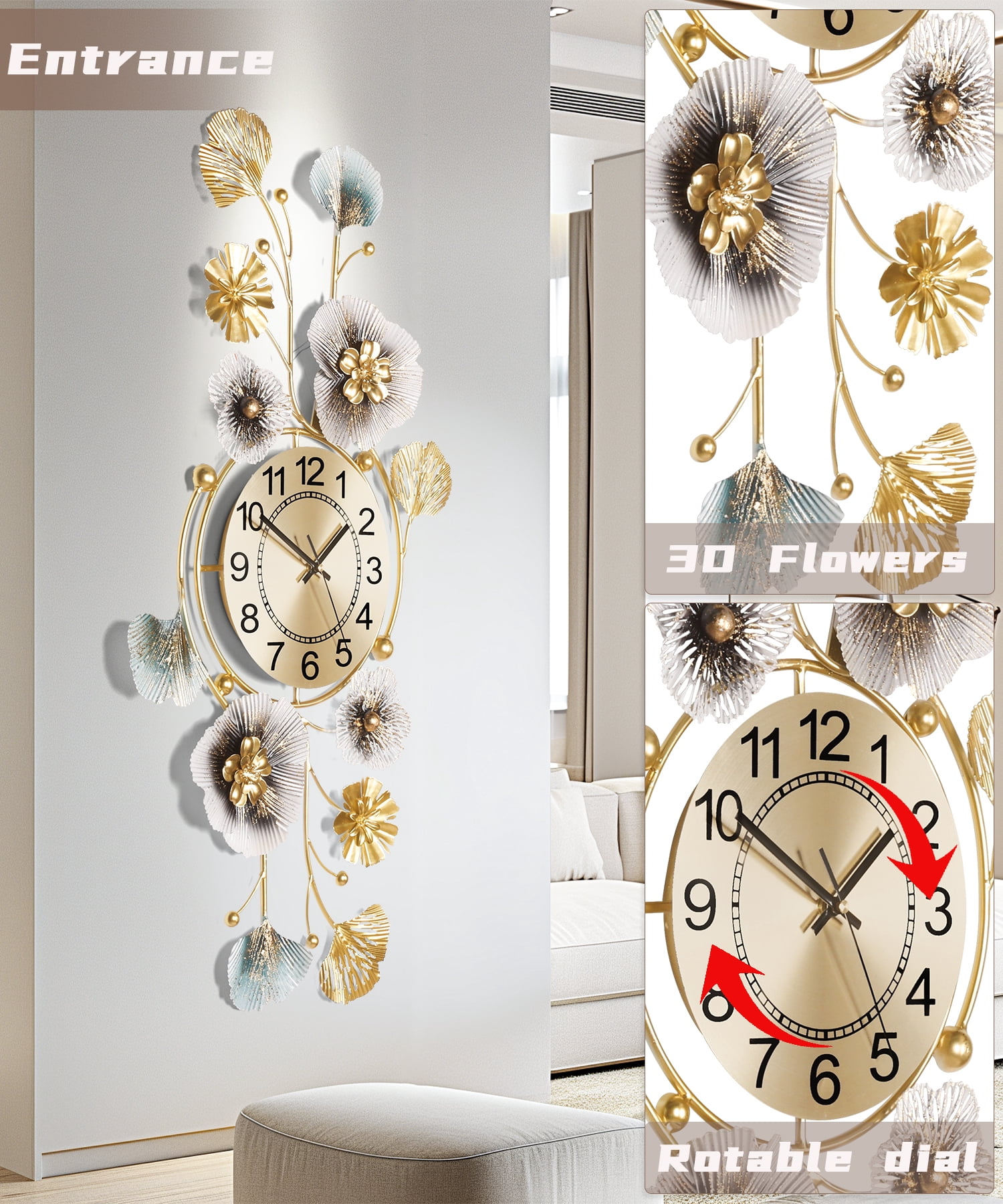 Wall Clock,Large Wall Clock,Silent Wall Clocks Battery Operated, Metal Ginkgo Leaf Design, Can Be Suspended Vertically or Horizontally,for Living Room, Entryway, Office or Bedroom Decor(33''x14'')