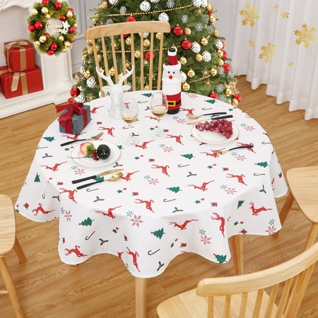 

GlowSol Table Cloths 60 Round Christmas Tree Reindeer Snowflake Pattern Tablecloth Waterproof Table Covers for Kitchen Dinning Wedding Decoration White
