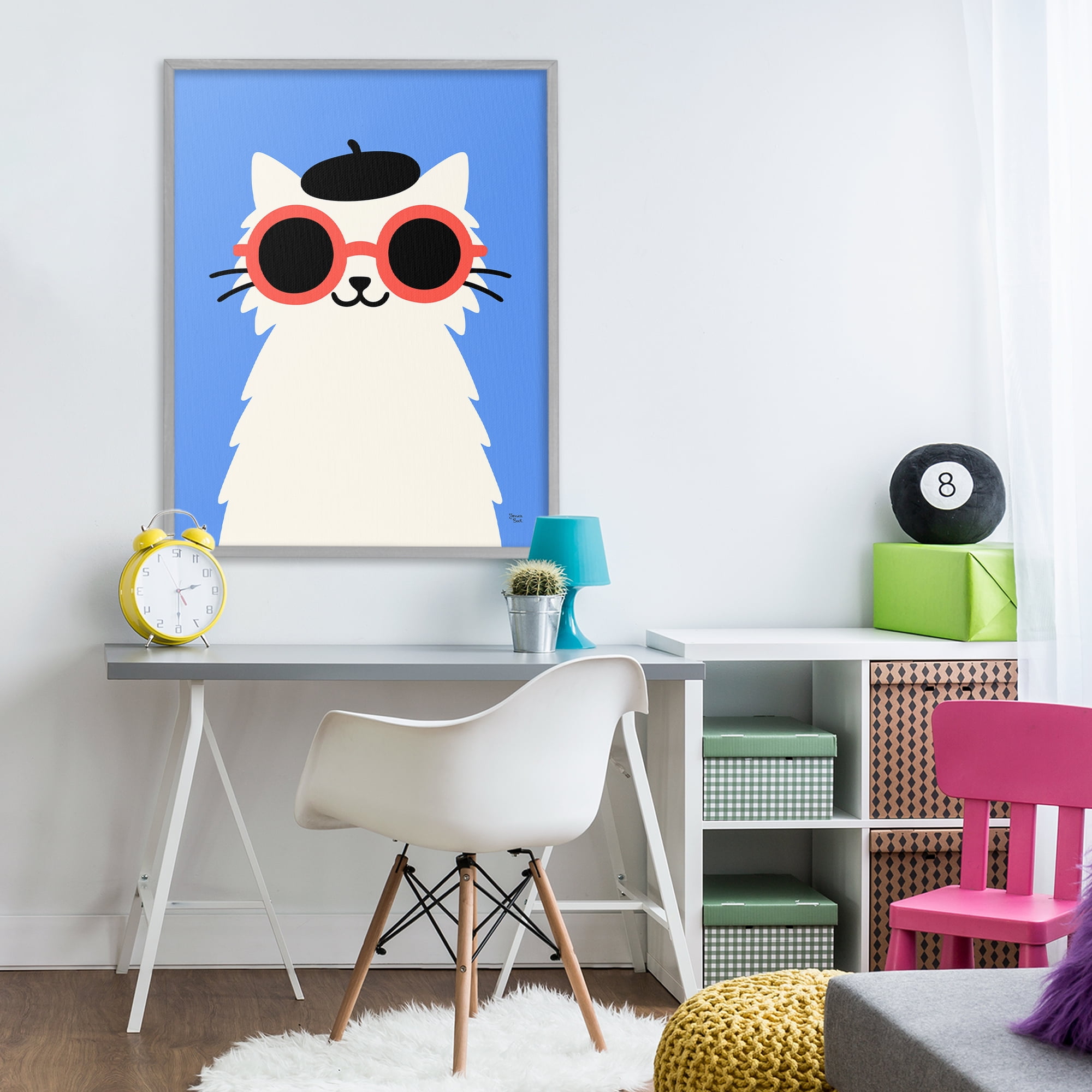 Stylish French Cat Gray Framed Giclee Art, design by Jessica Beck