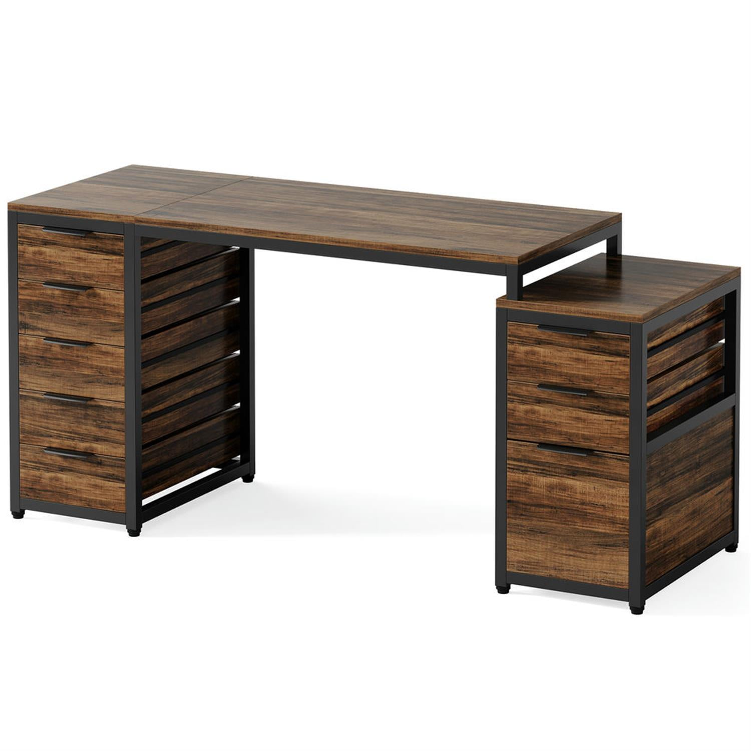 Demi Bonn 63" Computer Desk with File Cabinet and Storage Drawers, Modern Study Writing Gaming Table for Home Office, Brown