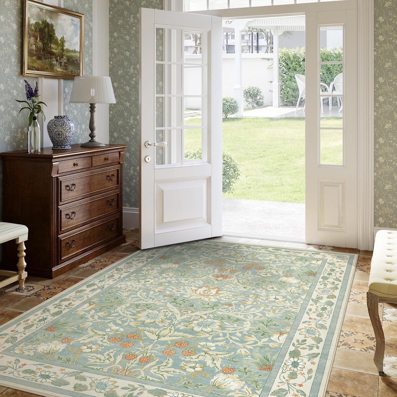 Toyoso 9x12 Area Rug Living Room Rugs - Washable Vintage Floral Soft Thin Large Rug Indoor Floor No Slip Rug Carpet for Bedroom Under Dining Table Home Office Decor - Blue Green