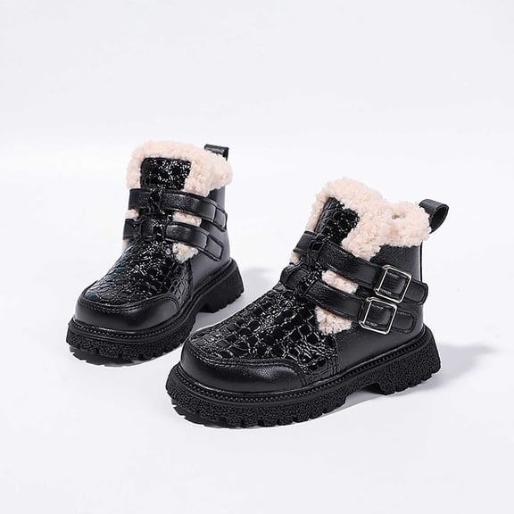 BRGZLK Toddler Kids Girls Boots Winter Casual Comfy Warm Fleece Lined Snow Boots Trendy Solid Color Waterproof Non Slip Ankle Booties with Buckle Detail Black 5.5-6 Years