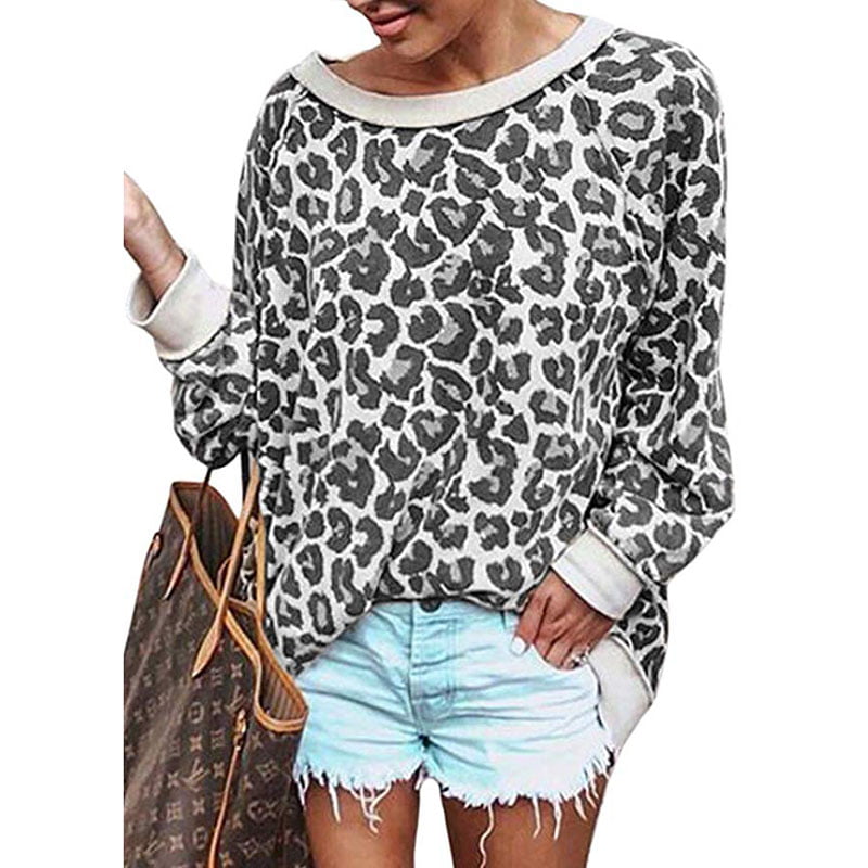 BOLUOYI Womens Stitching Leopard Long-Sleeved T-Shirt Sweatshirt Loose Pullover Top 