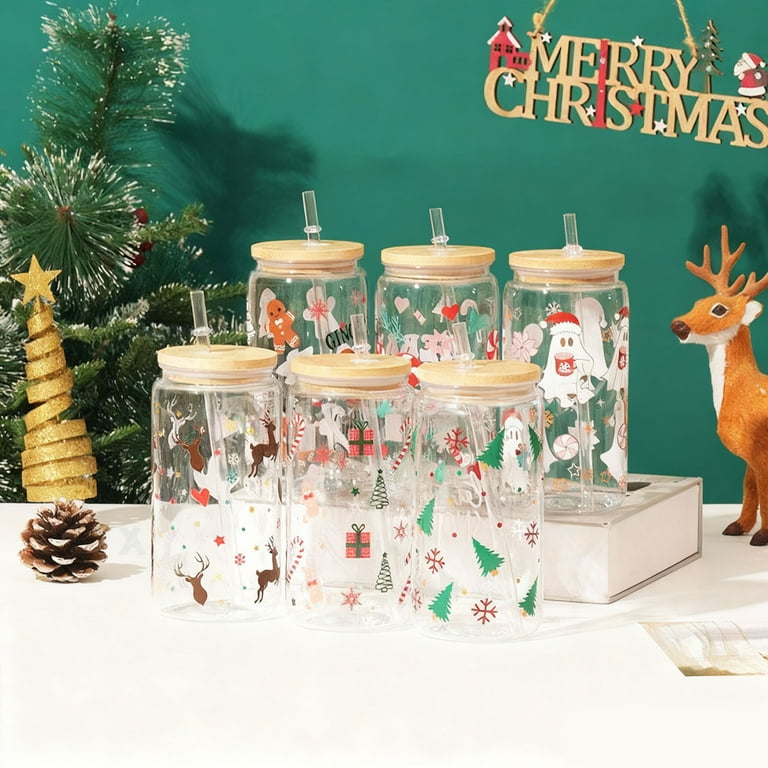 nTRIUQJ Christmas Glass Cups 16oz Iced Coffee Cups with Lids and Straws  Drinking Glasses Cups Decor Glass Water Bottles Gift for Women Kids Men  Cute Drinking Can Jar, Tumbler Gifts 6Pcs -