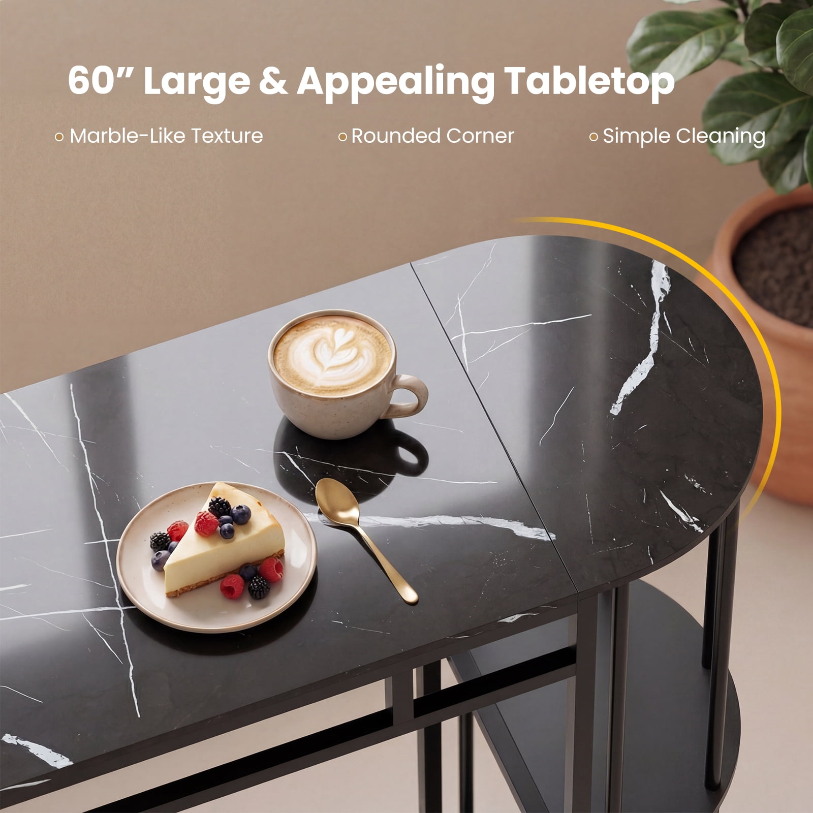 Gymax 3 Pieces 60'' Bar Table Set for 2 w/ Faux Marble Tabletop & Storage Shelves