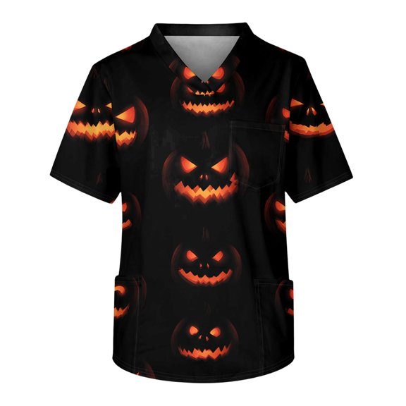 Men's Halloween Scrub Tops V-Neck Short Sleeve Bat Bone Star Eye Print Medical Workwear with Chest Pocket and Front Pockets Comfortable Pullover Uniform Black L
