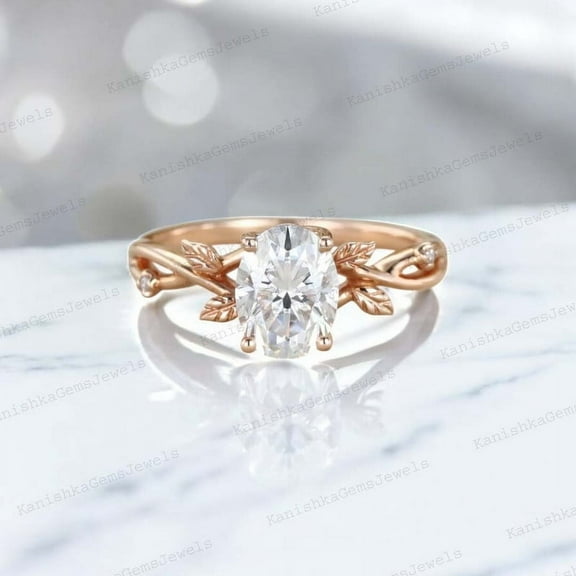 KANISHKAGEMS&JEWELS 2Ct 8x6mm / Oval Cut Moissanite Engagement Ring CZ Diamond Twig Leaf Ring Nature Inspired Women Jewelry Birthday Gift For Daughter