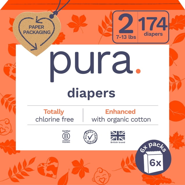 Pañales Pura tamaño 2, hipoalergénicos, ecológicos, de 7 a 13 libras x 174