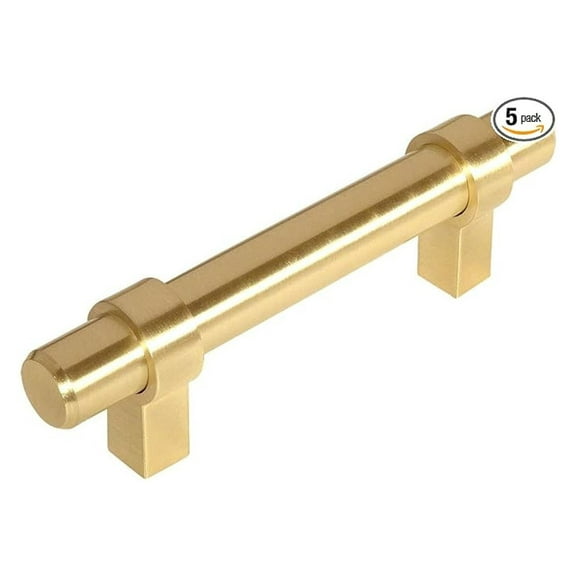 Brushed Brass Cabinet Pulls 5 Pack - 3 Inch Hole Centers - Euro Style Bar Handles for Kitchen Bathroom - Solid Steel Construction
