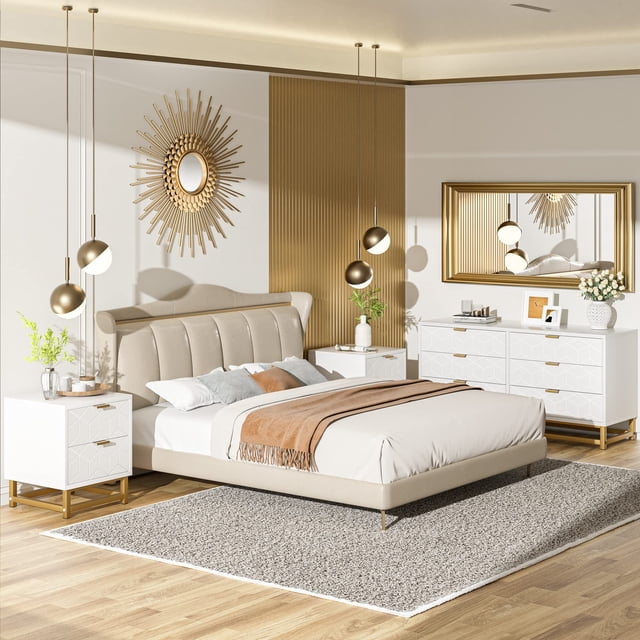 Commode 5 Tiroirs pour Chambre, 34,5 Pouces Moderne Cannelée avec Rangement, Commode Commode à Tiroirs avec Poignées Dorées pour Chambre, Salon, Garde-Robe, Blanc