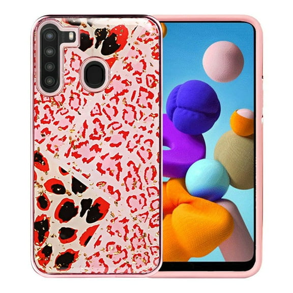 For Samsung Galaxy A21 Luxury Chrome Glitter Design Case Cover - Rose Gold Safari