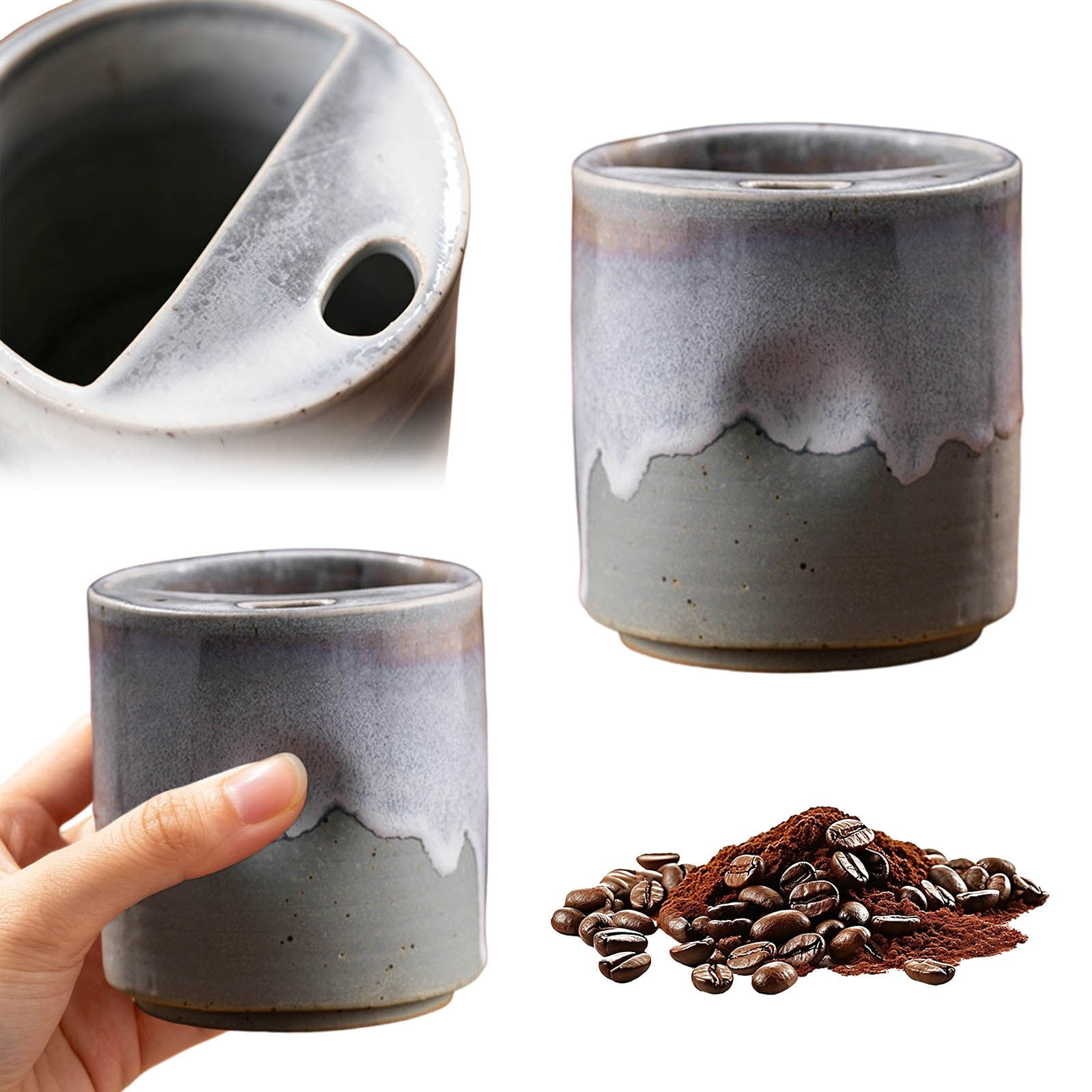 QIUXUJ-1pc Retro Ceramic Espresso Cup with Straw, Vintage Style Thick Wall Porcelain Coffee Mug, Small Demitasse Cup for Home Kitchen Cafe Daily Coffee Drinking (Gray)