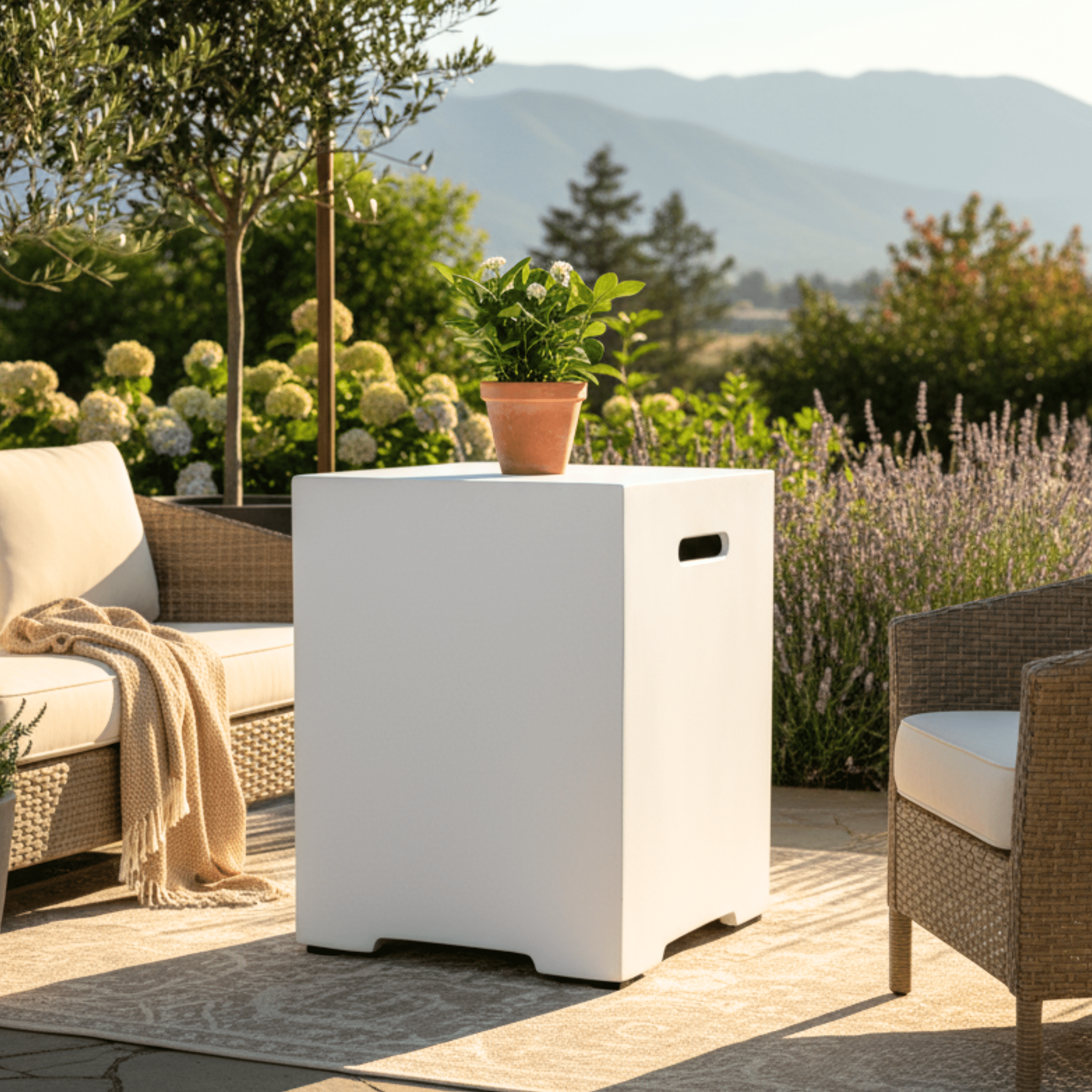 Propane Tank Cover 16 Inch, 20 LB Outdoor Tank Storage Hideaway Table for Gas Fire Pits, Concrete Tank Holder, Side Table, White