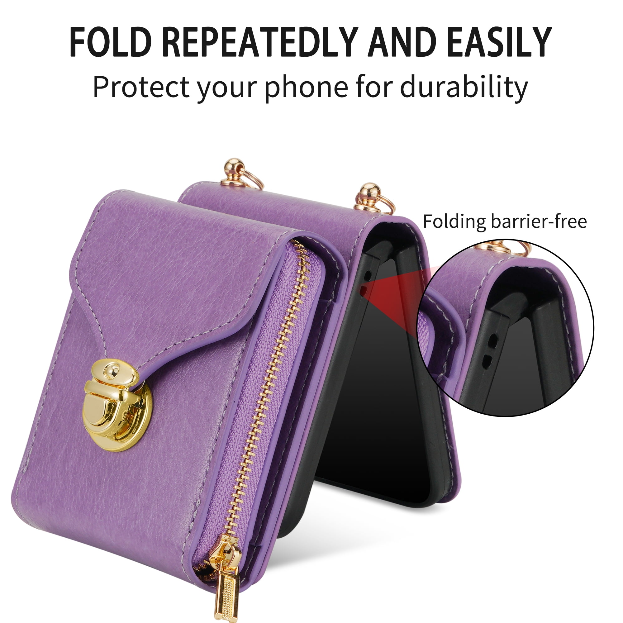 Handbag Wallet Case for Samsung Galaxy Z Flip 6 with Shoulder Strap, with Back Card Slots Holder PU Leather Magnetic Snap Zipper Flip Purse Shockproof Phone Cover for Galaxy Z Flip 6 - Purple