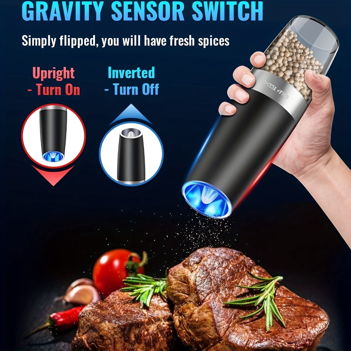 Electric Salt And Pepper Grinder Set, 3.72oz Larger Automatic Salt And Pepper Mill Grinder with 6 Adjustable Coarseness, Electric Salt And Pepper Shakers, LED, 1/2 Packs, Black