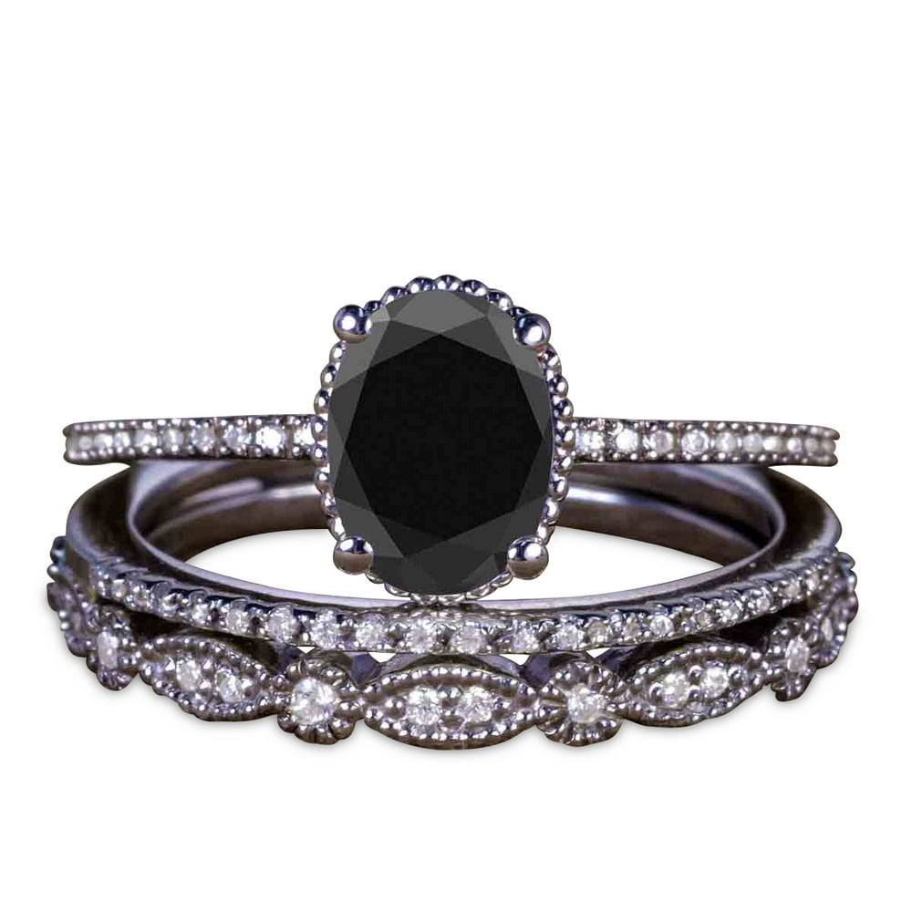 JeenMata 2 Carat Oval Lab Created Black Diamond Engagement Ring with