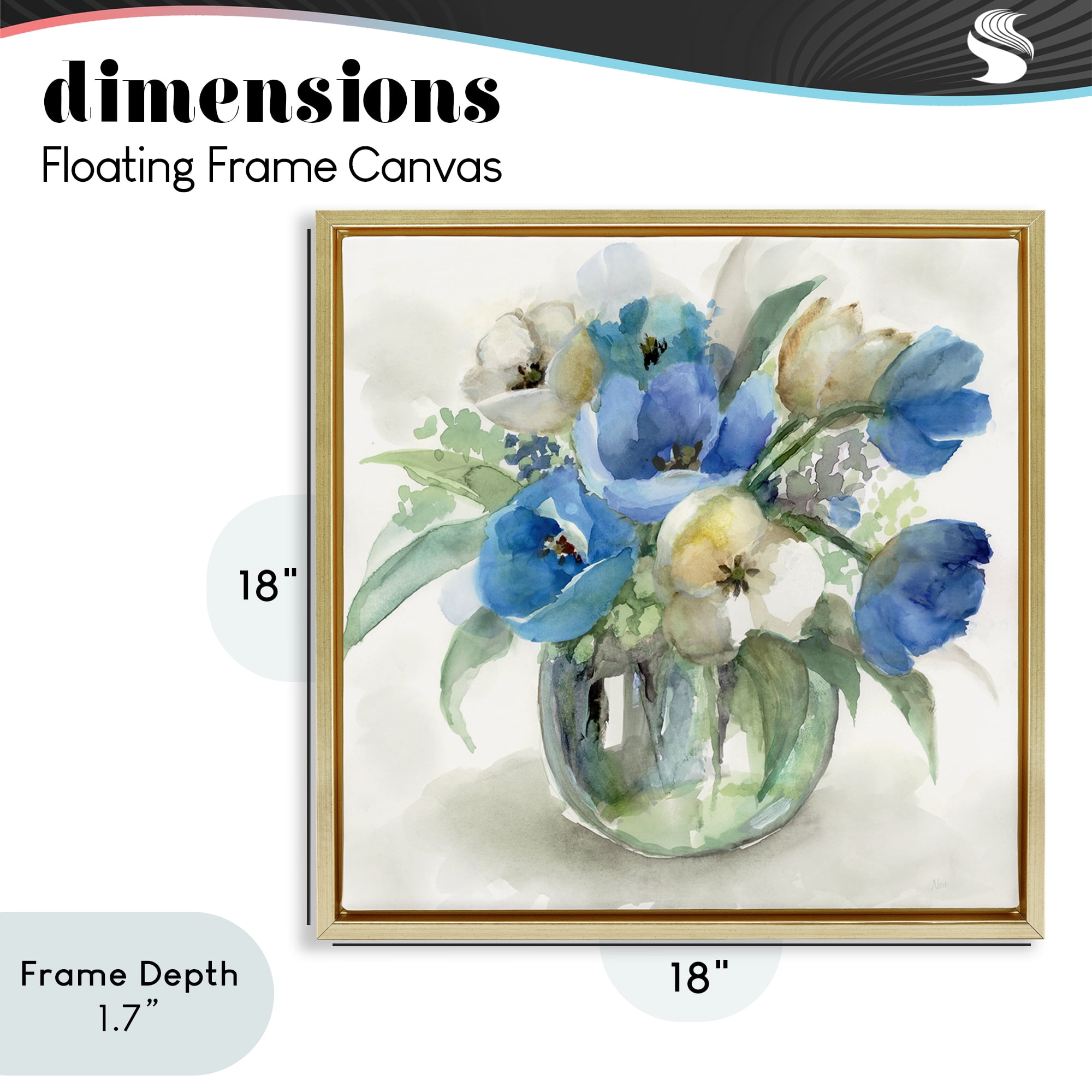 Stupell Industries Blue Tulip Watercolor Bouquet Gold Framed Floater Canvas Wall Art, design by Nan