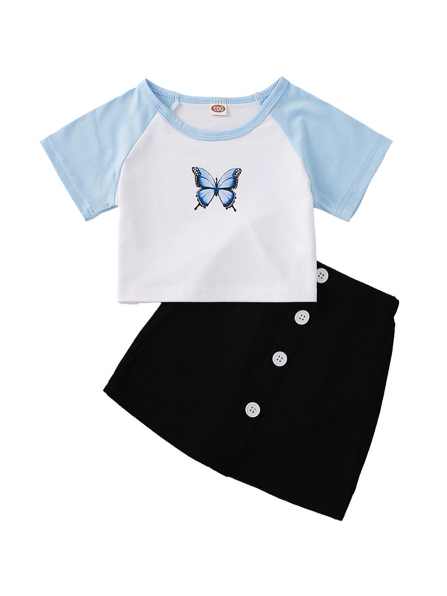 Efaster 2PCS Kids Baby Girl Denim T-Shirt Tops Butterfly Lace Skirt Set 1-5 Years 