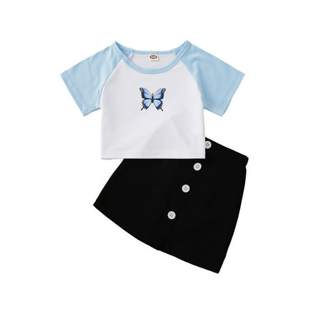 Sylvamorning Kids Girls 2-piece Outfit Set Butterfly Print T-shirt+Skirt  Set 