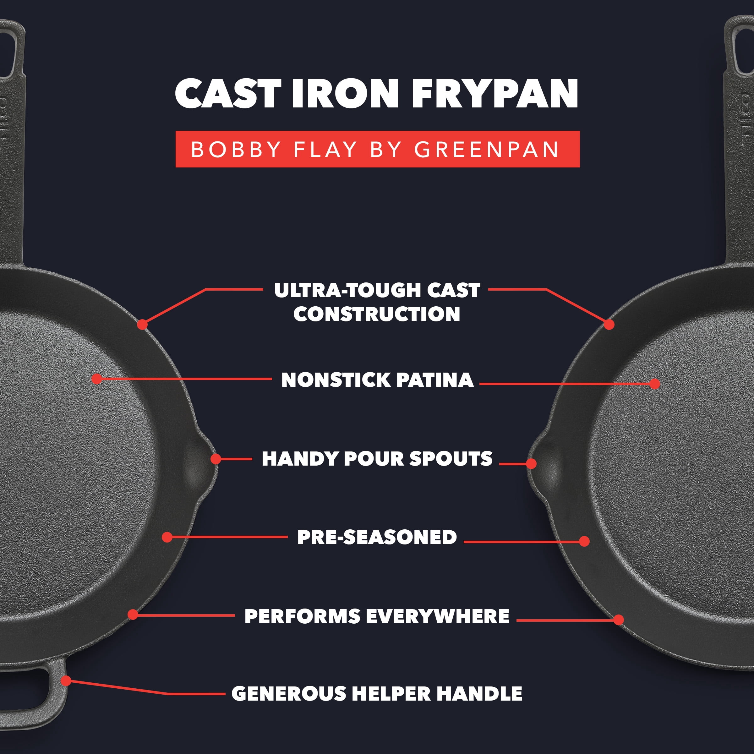 Bobby Flay by GreenPan – 4-Piece Pre-Seasoned Cast Iron Skillet Cookware Set, Black