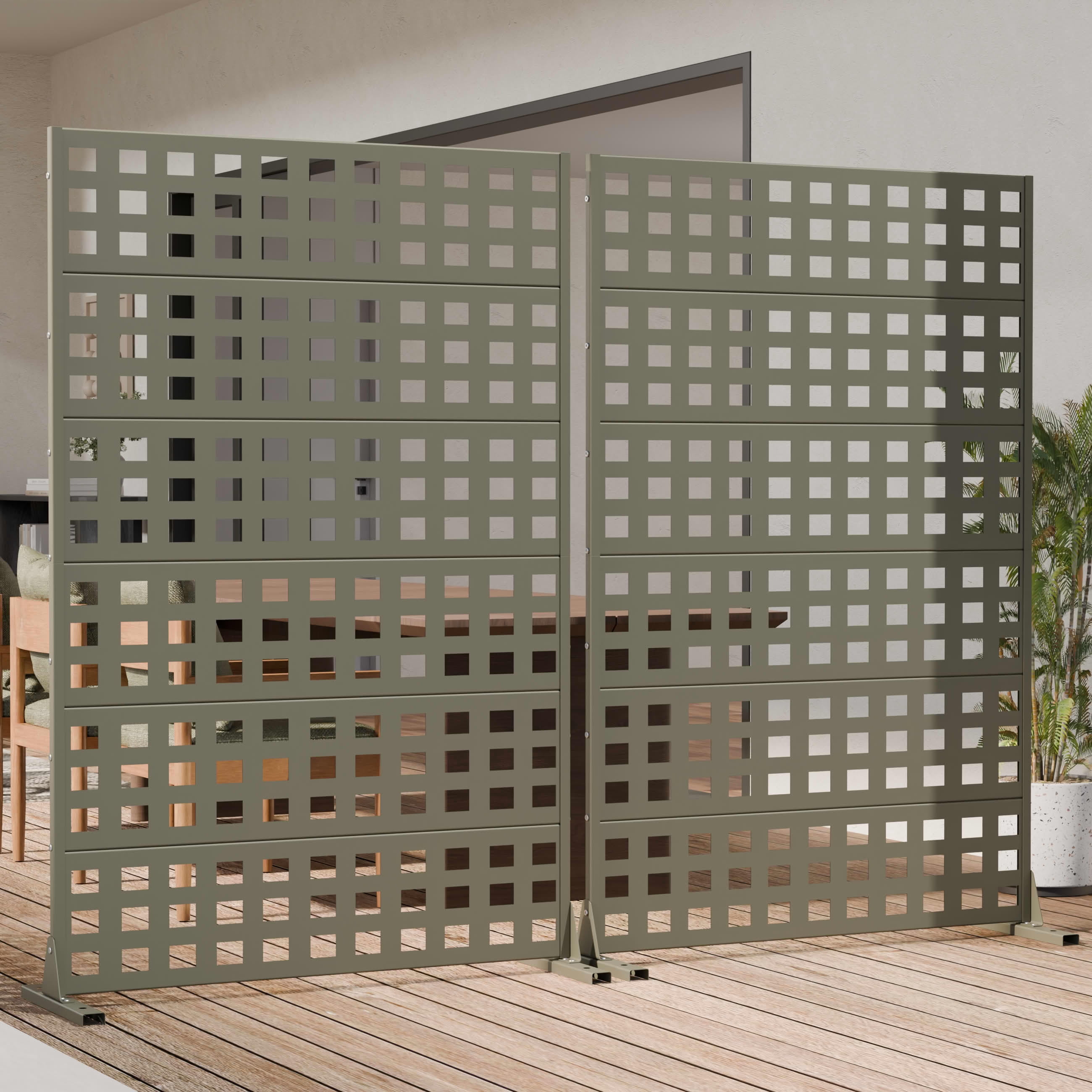 MAYEERTY Outdoor Metal Privacy Screen 6ft × 4ft Olive Gray, 6-Panel Lattice Pattern, Rust-Resistant for Garden
