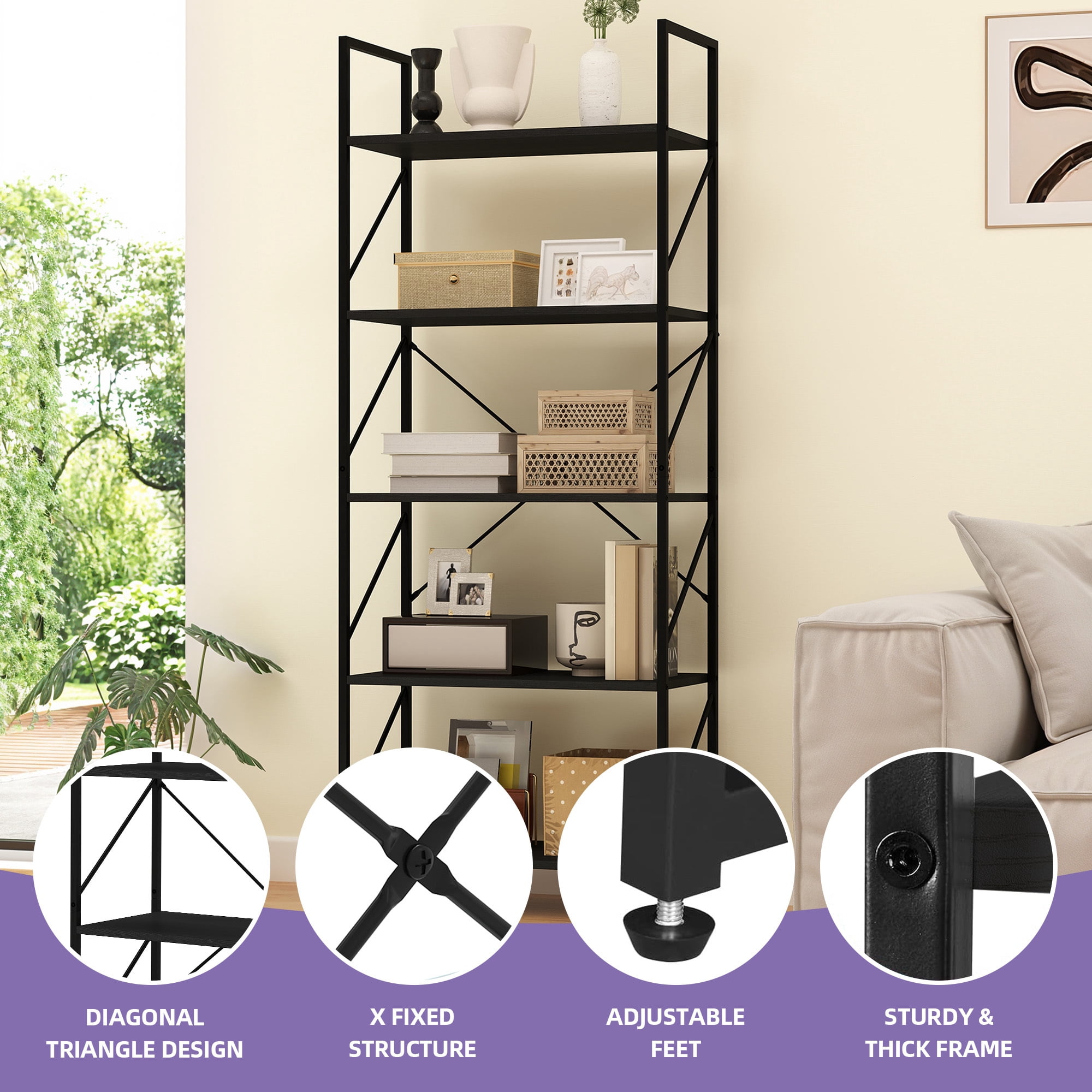 Uforic 5 Tier Bookshelf, Classic Home Office Bookcase Storage Organizer, Free Standing Book Rack,Black