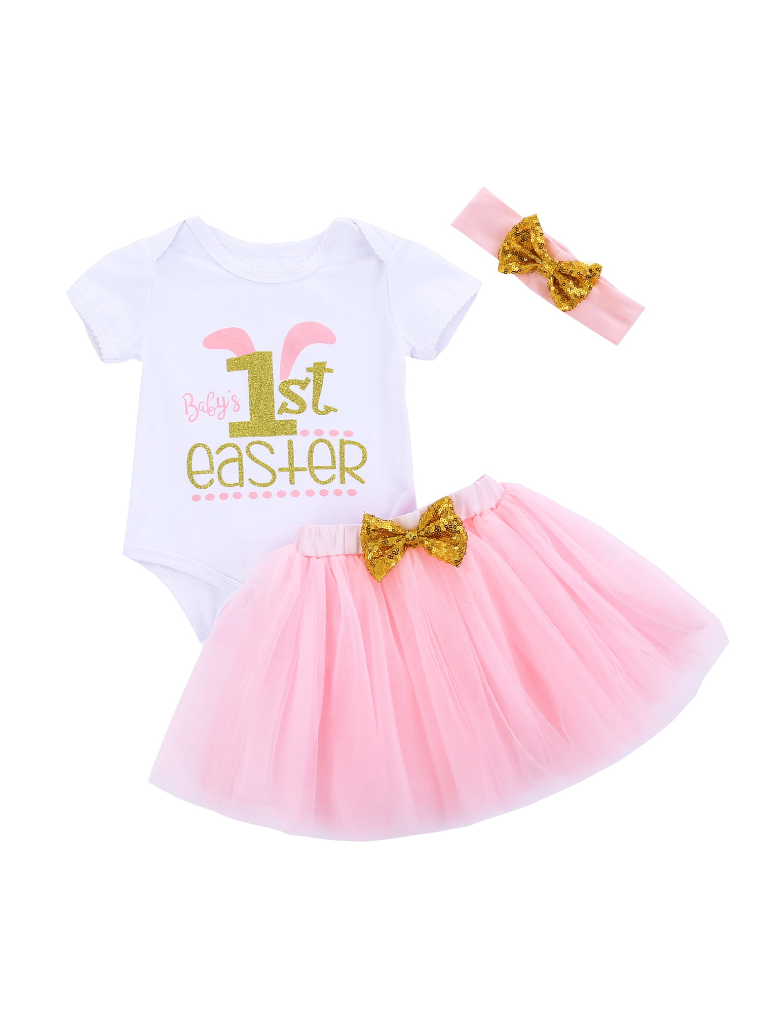 Newborn Infant Baby Girls Clothes Letter Print Romper+Bowknot Tutu Skirt Outfits Sets 
