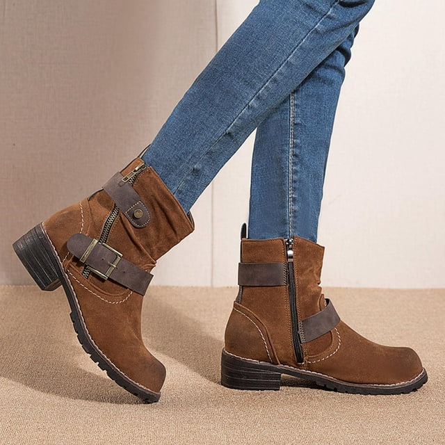 EGNMCR Bottes Mi-Hautes Jusqu'au Genou pour Femmes, Bottes Mi-Mollet pour Femmes Hiver à Bride à Boucle Talons Épais à Enfiler Chaussures pour Dames Chaussures Femmes