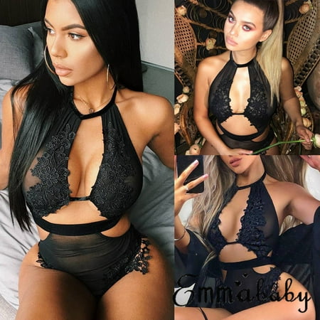 

Eyicmarn Woman s Mesh Lace Sexy Lingerie Flower Embroidery Perspective Hollowed-out Halter One-piece Jumpsuit