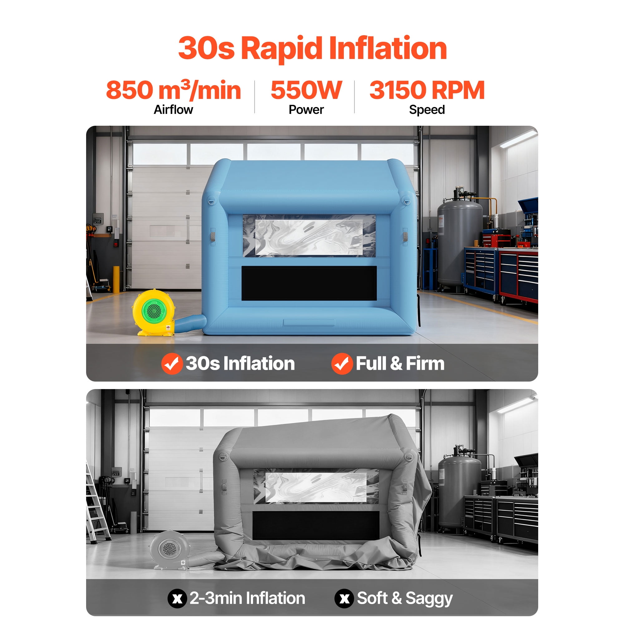 KFFKFF Inflatable Paint, Spray Booth with 550W Blower and Air Filtration System, Triangular Roof Design, 9.84 x 8.2 x 8.2 ft