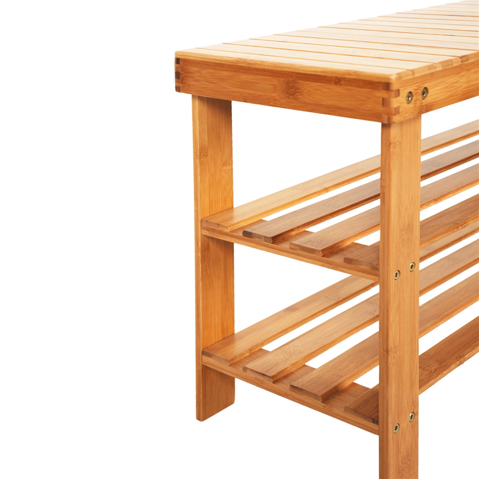 90cm 3 Tiers Bamboo Shoe Rack, Wood Color Strip Pattern Bamboo Shoe Storage Rack with Stool Function, Solid Bamboo Shoe Organizer, Space Saving Shoe Rack Stool, Multifunctional for Home Indoor Use