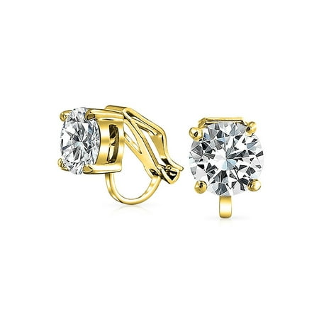 - 2 CT Brilliant Cut Solitaire Round Cubic Zirconia CZ Clip On Stud Earrings For Women 14K Gold Plated Brass