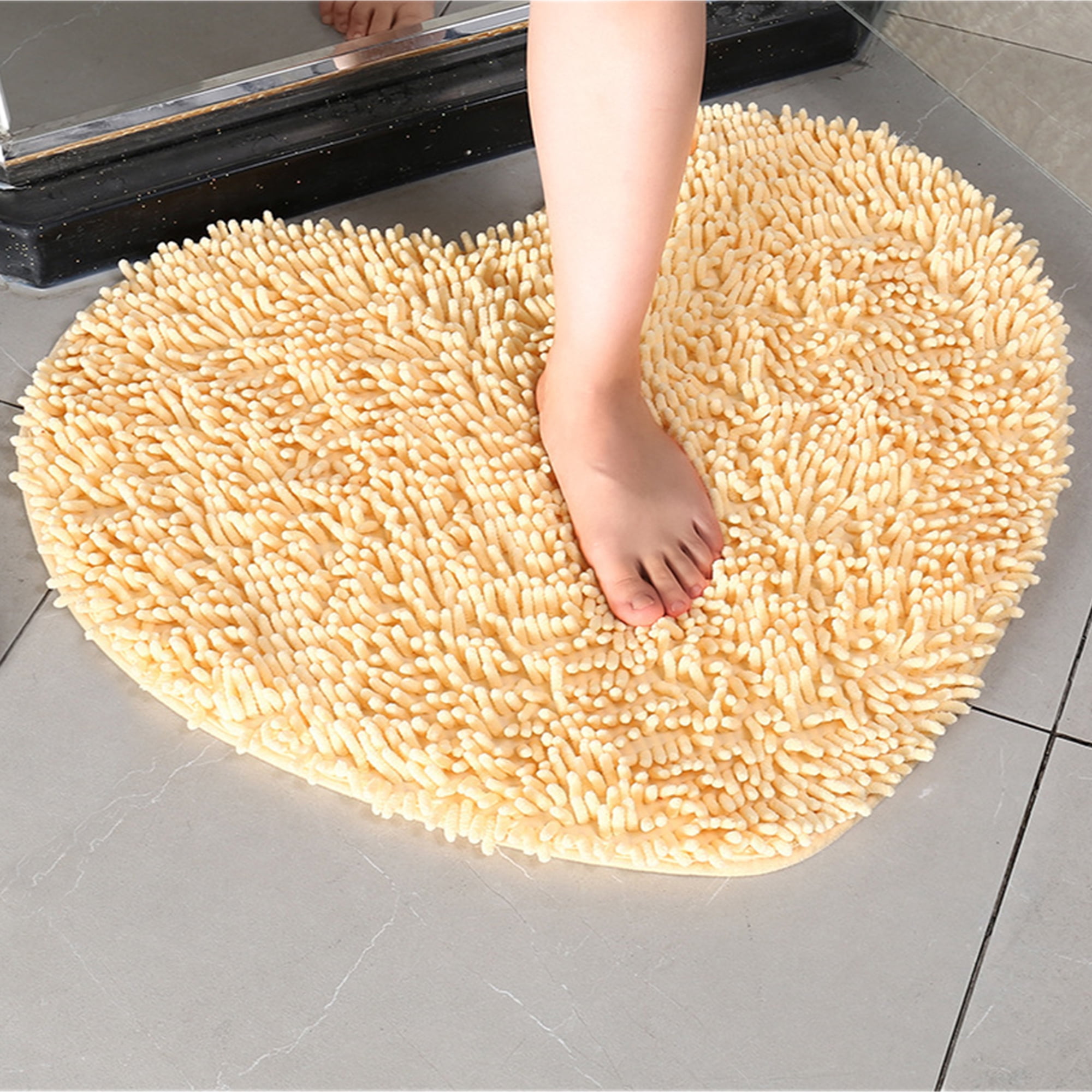 Unique Bargains Heart Shaped Chenille Bath Rugs Soft Shaggy Bath Mat Yellow 28" x 32"