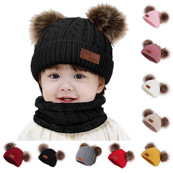 Lispipm Baby Beenie Hat Double Pompom Winter Knitted Toddler Boys Girls Hats Cute Cozy Infant Warm Caps Black
