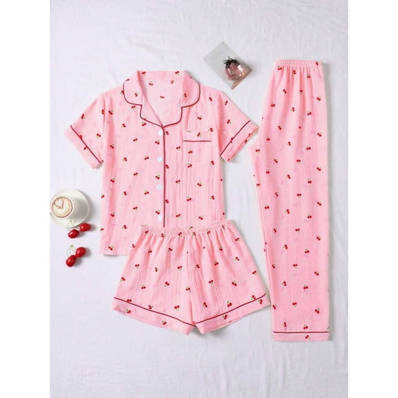 Pink Cherry Print 3-Piece Womens Pajama Set: Button-Up Top, Shorts & Long Pants