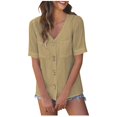 thumbnail image 2 of Njoeus Womens Casual V Neck Button Up Shirts Summer Short Sleeve T-Shirt Loose Blouse with Pockets S-XXL, 2 of 6
